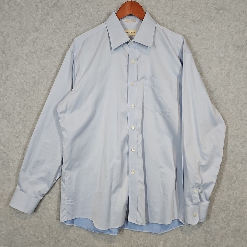 H Stockton Dress Shirt Mens 17 35 Blue Solid Long Sleeve Cotton Button Front